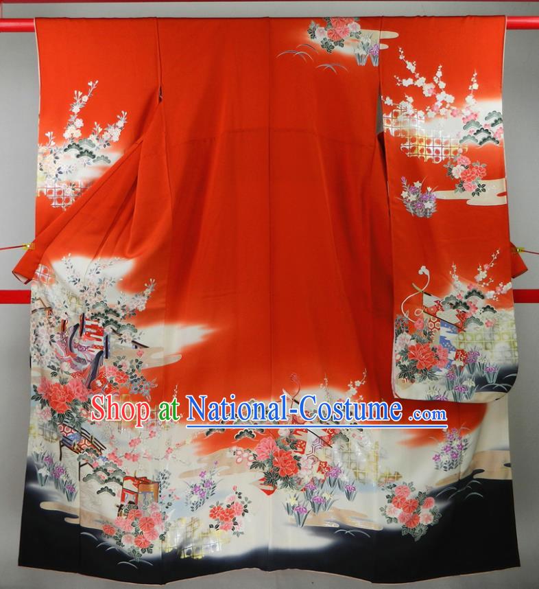 Japanese Classical Peony Pattern Furisode Kimono Clothing Traditional Wedding Garment Costume Bride Red Yukata Dress