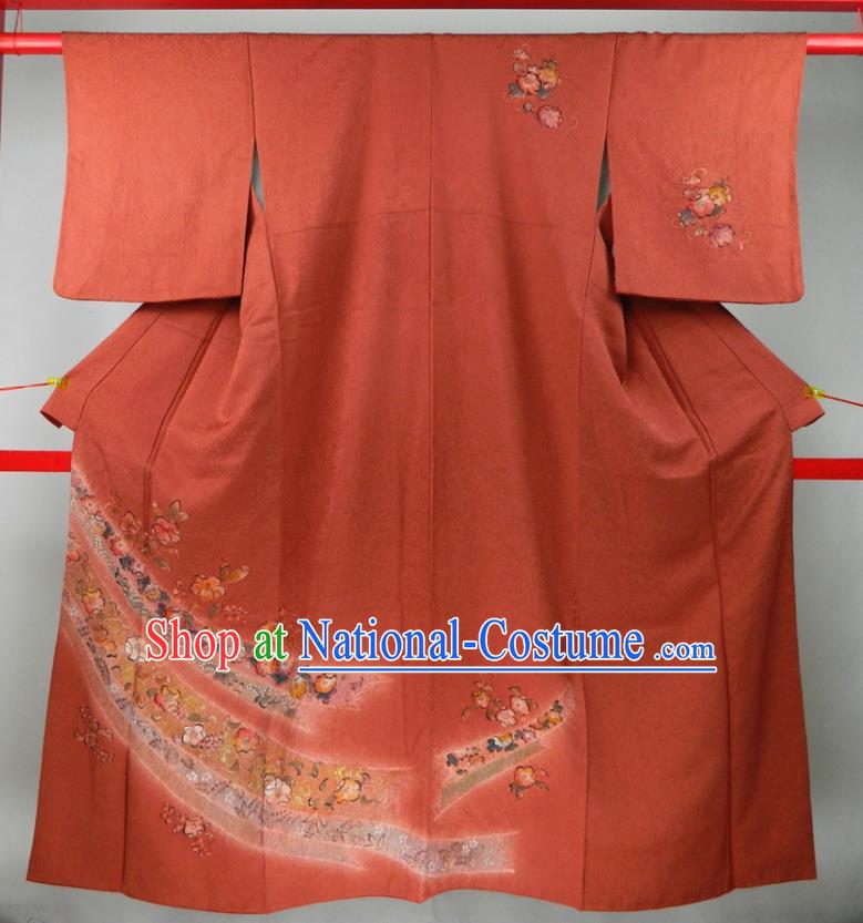 Japanese Classical Tsubaki Flowers Pattern Tsukesage Kimono Clothing Traditional Court Empress Garment Costume Bride Red Silk Yukata Dress