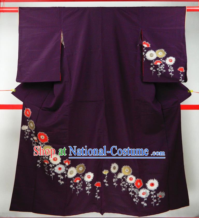 Japanese Traditional Festival Garment Costume Married Woman Purple Yukata Dress Classical Chrysanthemum Pattern Tsukesage Kimono Clothing