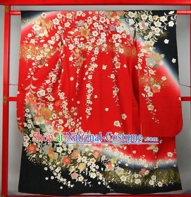 Japanese Wedding Bride Red Yukata Dress Classical Flowers Pattern Furisode Kimono Clothing Traditional Court Empress Garment Costume