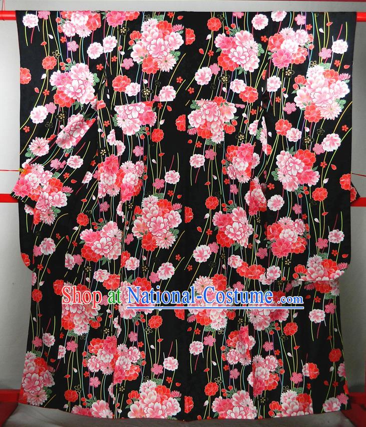 Japanese Classical Peony Flowers Pattern Black Yukata Dress Traditional Wedding Furisode Kimono Clothing Court Empress Garment Costume