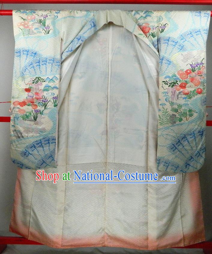 Japanese Court Empress Garment Costume Classical Fans Pattern Yellow Beige Yukata Dress Traditional Wedding Furisode Kimono Clothing