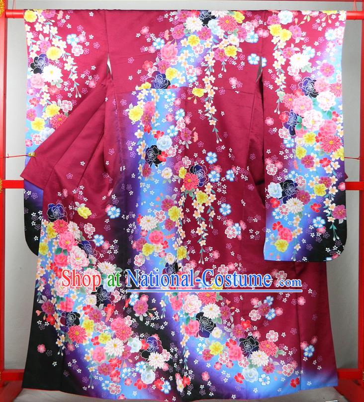 Japanese Traditional Wedding Furisode Kimono Clothing Court Empress Garment Costume Classical Peony Pattern Wine Red Yukata Dress