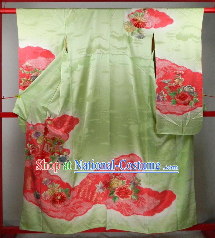 Japanese Classical Embroidered Peony Pattern Green Silk Yukata Dress Traditional Wedding Furisode Kimono Clothing Court Empress Garment Costume