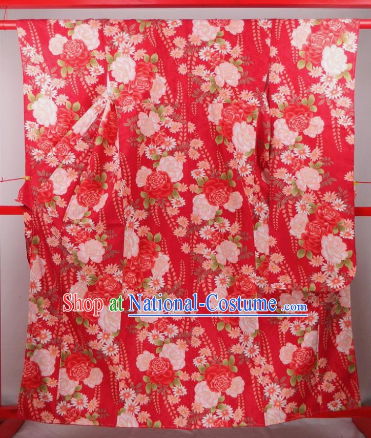 Japanese Court Woman Garment Costume Classical Peony Pattern Red Yukata Dress Traditional Wedding Furisode Kimono Clothing