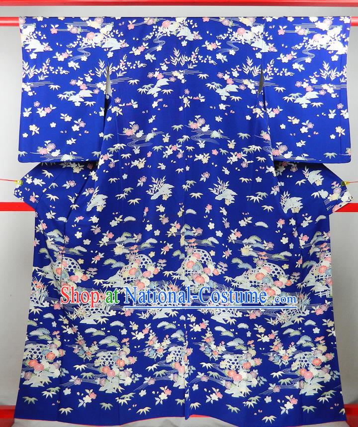 Japanese Traditional Wedding Furisode Kimono Clothing Court Woman Garment Costume Classical Chrysanthemum Bamboo Leaf Pattern Royalblue Yukata Dress