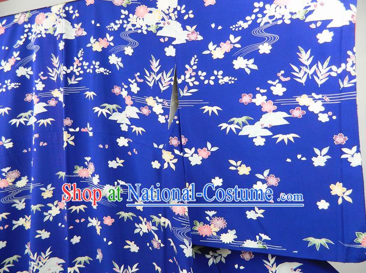 Japanese Traditional Wedding Furisode Kimono Clothing Court Woman Garment Costume Classical Chrysanthemum Bamboo Leaf Pattern Royalblue Yukata Dress