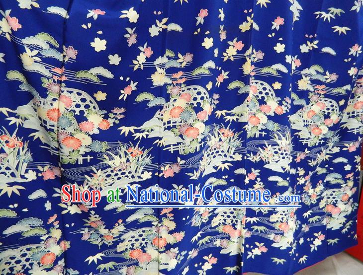 Japanese Traditional Wedding Furisode Kimono Clothing Court Woman Garment Costume Classical Chrysanthemum Bamboo Leaf Pattern Royalblue Yukata Dress