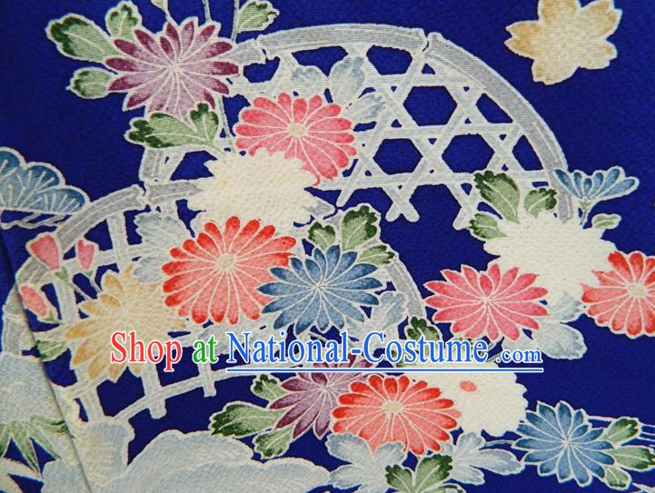 Japanese Traditional Wedding Furisode Kimono Clothing Court Woman Garment Costume Classical Chrysanthemum Bamboo Leaf Pattern Royalblue Yukata Dress