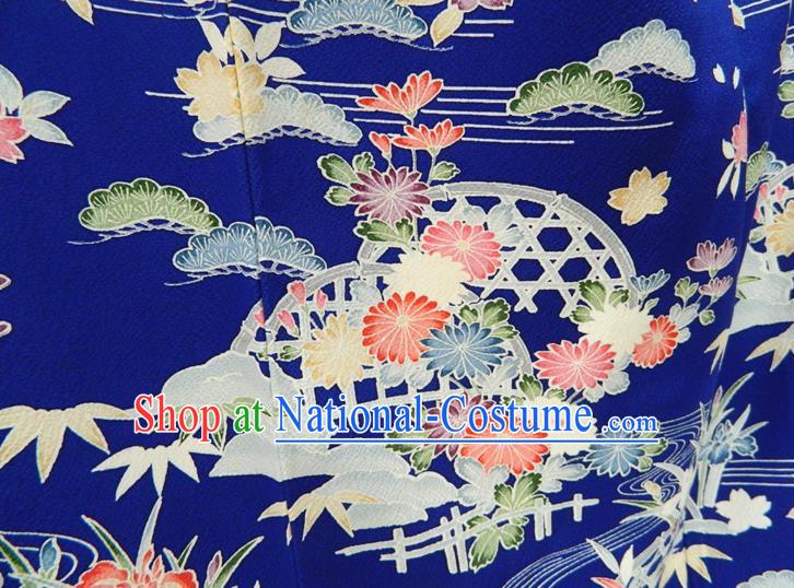 Japanese Traditional Wedding Furisode Kimono Clothing Court Woman Garment Costume Classical Chrysanthemum Bamboo Leaf Pattern Royalblue Yukata Dress