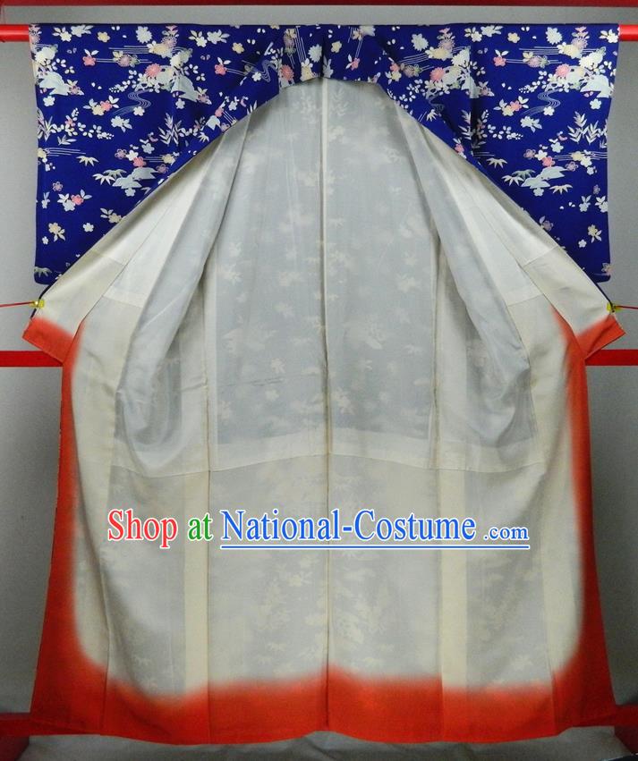 Japanese Traditional Wedding Furisode Kimono Clothing Court Woman Garment Costume Classical Chrysanthemum Bamboo Leaf Pattern Royalblue Yukata Dress