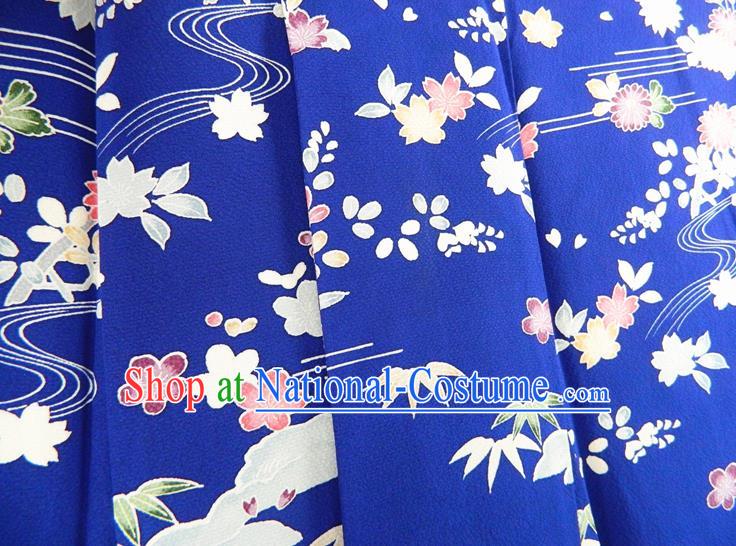 Japanese Traditional Wedding Furisode Kimono Clothing Court Woman Garment Costume Classical Chrysanthemum Bamboo Leaf Pattern Royalblue Yukata Dress