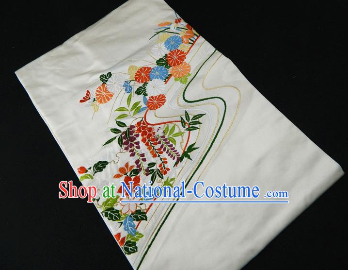 Japanese Traditional Embroidered Chrysanthemum Kimono Belt Handmade White Brocade Waistband Classical Yukata Dress Hekoobi Accessories