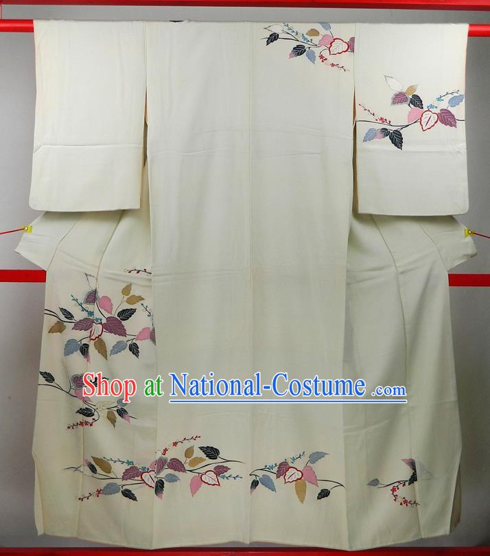 Japanese Traditional Tsukesage Kimono Clothing Young Woman Garment Costume Classical Leaf Pattern Beige Yukata Dress