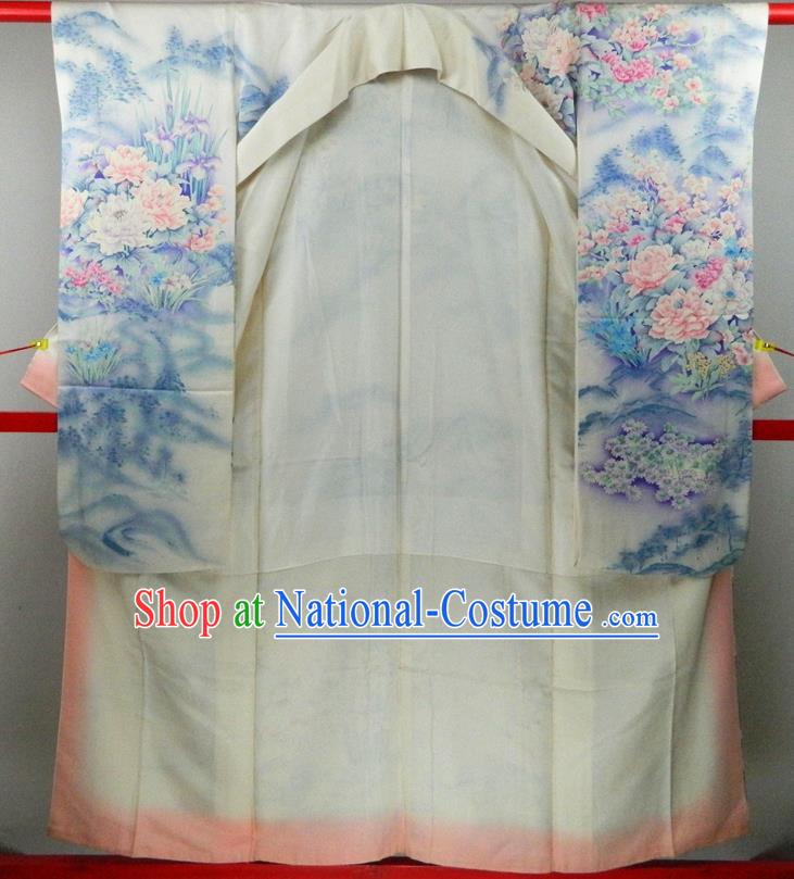 Japanese Traditional Furisode Kimono Clothing Wedding Bride Garment Costume Classical Peony Landscape Pattern Beige Yukata Dress