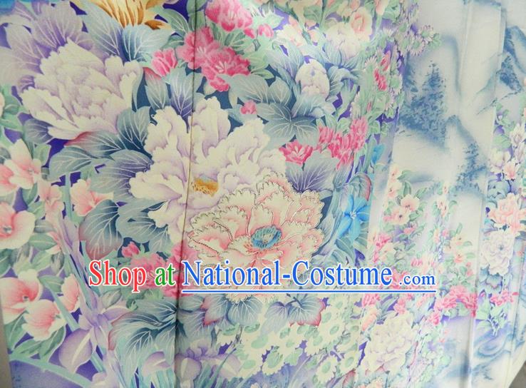 Japanese Traditional Furisode Kimono Clothing Wedding Bride Garment Costume Classical Peony Landscape Pattern Beige Yukata Dress