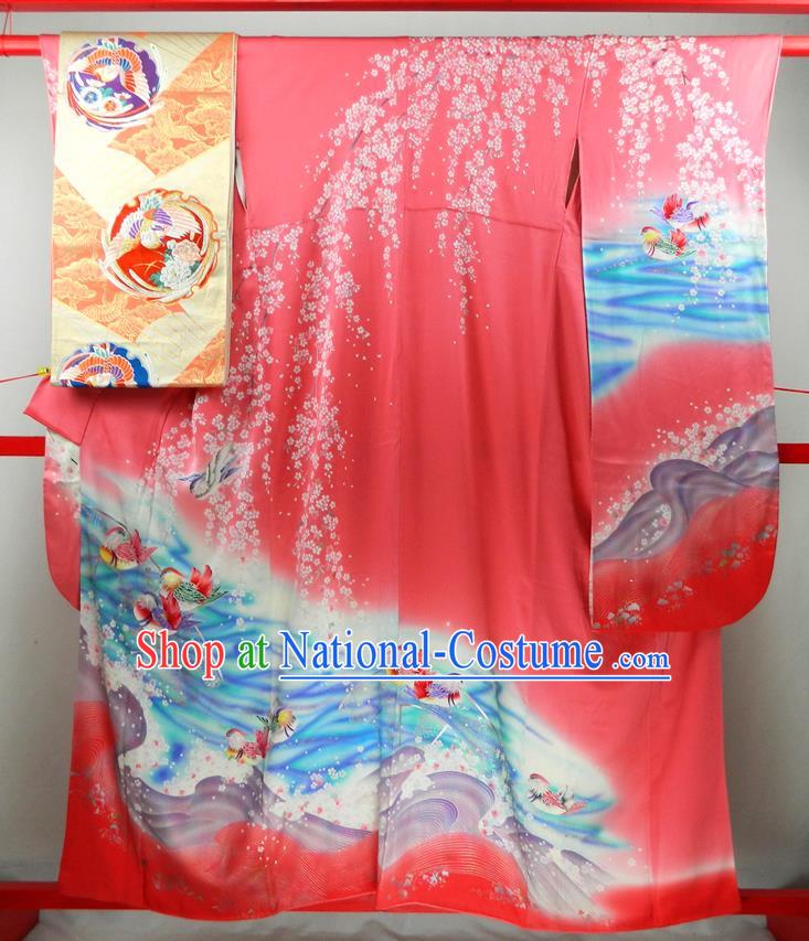 Japanese Classical Sakura Mandarin Duck Pattern Red Yukata Dress Traditional Furisode Kimono Clothing Wedding Bride Garment Costume