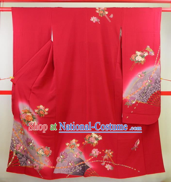 Japanese Wedding Bride Garment Costume Classical Peony Fan Pattern Red Yukata Dress Traditional Furisode Kimono Clothing