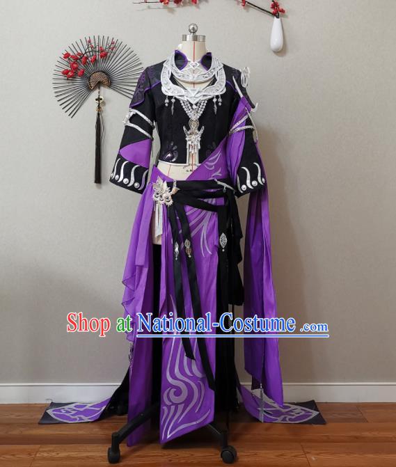 China Traditional JX Online Clothing Cosplay Swordswoman Garment Costumes Ancient Chivalrous Woman Purple Dress Outfits