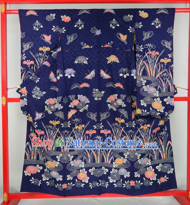 Japanese Traditional Furisode Kimono Clothing Court Empress Garment Costume Classical Orchids Butterfly Pattern Deep Blue Yukata Dress