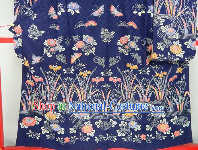 Japanese Traditional Furisode Kimono Clothing Court Empress Garment Costume Classical Orchids Butterfly Pattern Deep Blue Yukata Dress