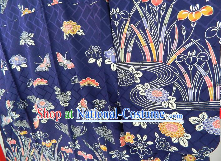 Japanese Traditional Furisode Kimono Clothing Court Empress Garment Costume Classical Orchids Butterfly Pattern Deep Blue Yukata Dress