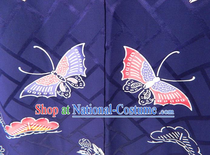 Japanese Traditional Furisode Kimono Clothing Court Empress Garment Costume Classical Orchids Butterfly Pattern Deep Blue Yukata Dress