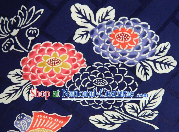 Japanese Traditional Furisode Kimono Clothing Court Empress Garment Costume Classical Orchids Butterfly Pattern Deep Blue Yukata Dress