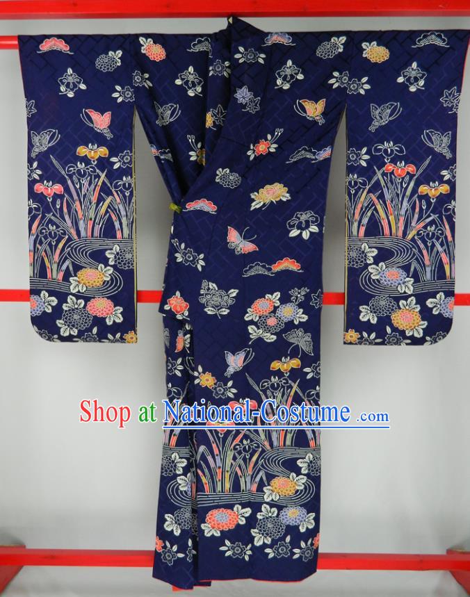 Japanese Traditional Furisode Kimono Clothing Court Empress Garment Costume Classical Orchids Butterfly Pattern Deep Blue Yukata Dress