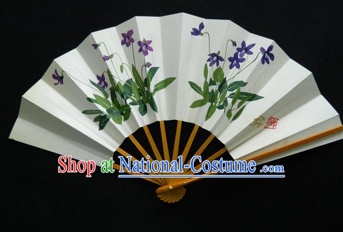 Japan Handmade Bamboo Fan Traditional Dance Folding Fan Printing Orchids Fan Woman Accordion