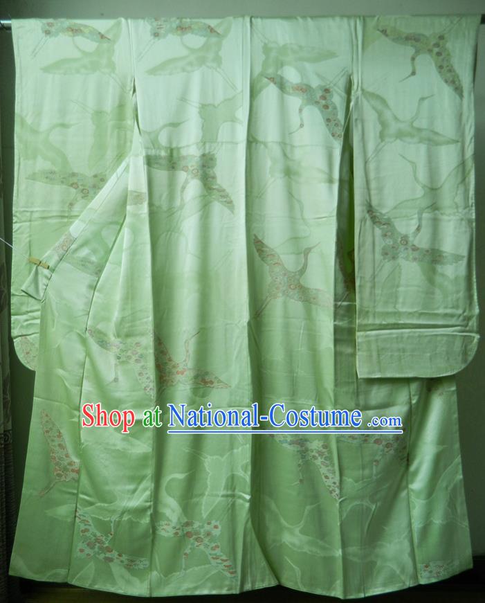 Japanese Traditional Court Furisode Kimono Clothing Young Woman Garment Costume Classical Cranes Pattern Green Silk Yukata Dress