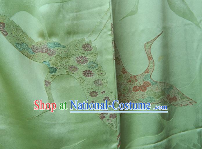 Japanese Traditional Court Furisode Kimono Clothing Young Woman Garment Costume Classical Cranes Pattern Green Silk Yukata Dress