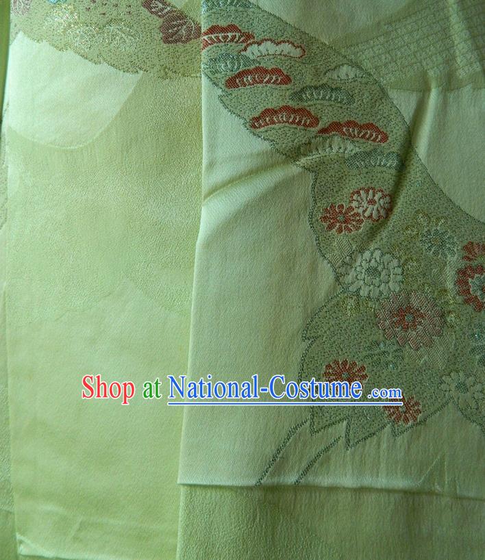 Japanese Traditional Court Furisode Kimono Clothing Young Woman Garment Costume Classical Cranes Pattern Green Silk Yukata Dress