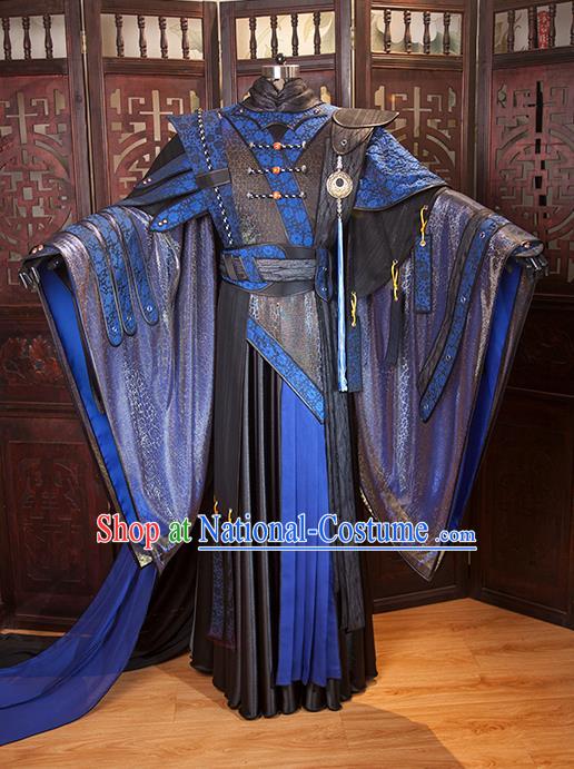 China Cosplay Swordsman Blue Hanfu Clothing Ancient Chivalrous Knight Garment Costumes Traditional Puppet Show Royal Highness Uniforms