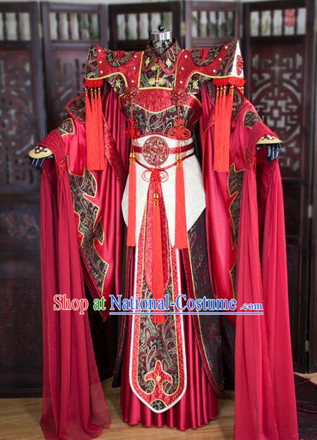 China Ancient Demon King Garment Costumes Traditional Puppet Show Emperor Uniforms Cosplay Swordsman Red Hanfu Clothing