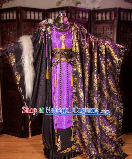 China Cosplay Swordsman Purple Hanfu Clothing Ancient King Garment Costumes Traditional Puppet Show Emperor Uniforms