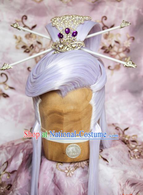 Chinese Ancient Swordsman Hair Accessories Traditional Hanfu Lilac Wigs Sheath Cosplay Knight Hairpieces and Hairpins