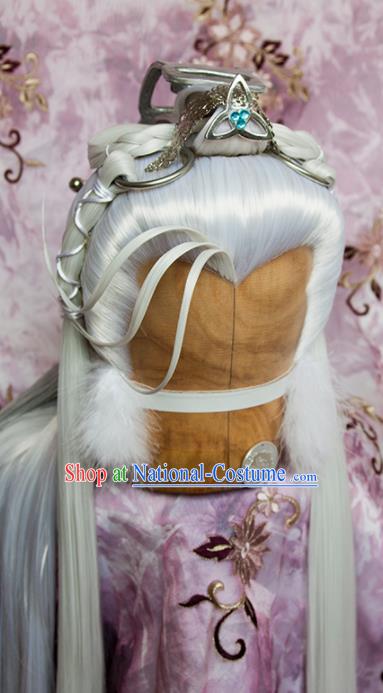 Chinese Cosplay Taoist Priest Hairpieces and Hairpins Ancient Swordsman Hair Accessories Traditional Hanfu White Wigs Sheath