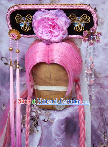 Chinese Ancient Queen Pink Wigs and Hair Crown Traditional Puppet Show Hair Accessories Cosplay Empress Headdress