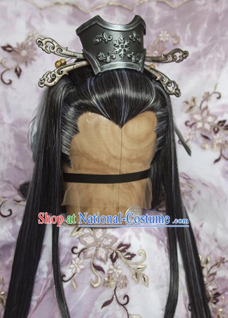 Chinese Traditional Hanfu Gray Wigs Sheath Cosplay Swordsman Shang Buhuan Hairpieces and Hairpins Ancient Taoist Priest Hair Accessories