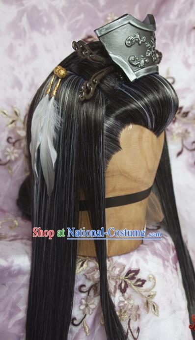 Chinese Traditional Hanfu Gray Wigs Sheath Cosplay Swordsman Shang Buhuan Hairpieces and Hairpins Ancient Taoist Priest Hair Accessories