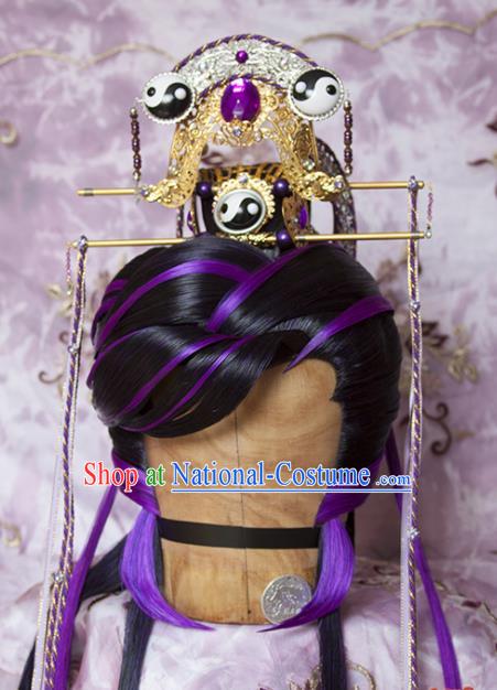 Chinese Ancient Taoist Priest Hair Accessories Traditional Hanfu Purple Wigs Sheath Cosplay Swordsman Liang Wuji Hairpieces and Hair Crown