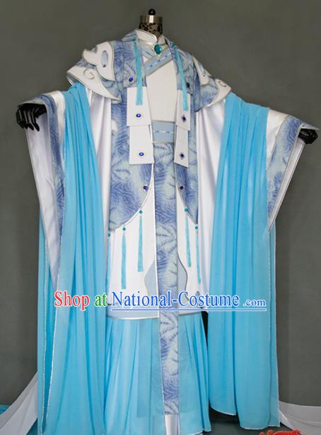 China Cosplay Immortal Hanfu Clothing Ancient Royal Highness Garment Costumes Traditional Puppet Show Swordsman Blue Uniforms