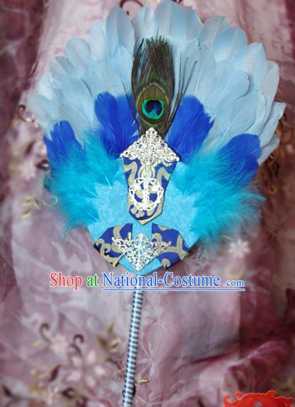 Handmade Chinese Cosplay Swordsman Blue Feather Fan Ancient Military Counsellor Fan