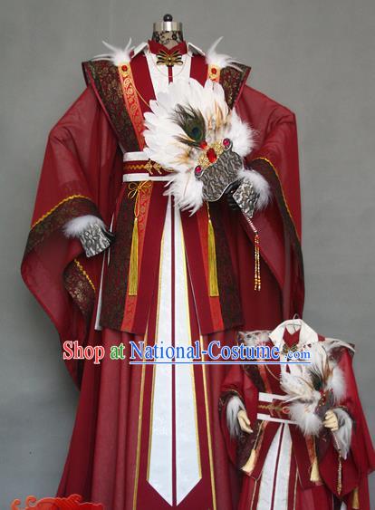 China Traditional Puppet Show King Yue Lanfang Wine Red Uniforms Cosplay Military Counsellor Hanfu Clothing Ancient Swordsman Garment Costumes