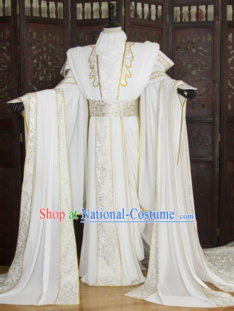 China Ancient Swordsman Garment Costumes Traditional Puppet Show Prince White Uniforms Cosplay Noble Childe Hanfu Clothing