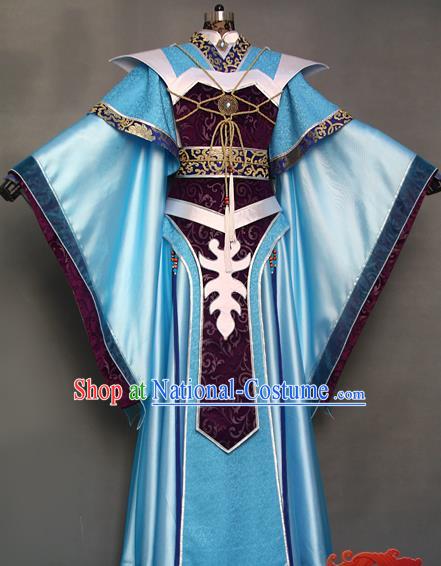 China Cosplay King Hanfu Clothing Ancient Swordsman Garment Costumes Traditional Puppet Show Emperor Blue Uniforms