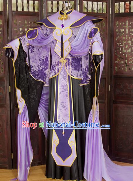 China Traditional Puppet Show Swordsman Purple Uniforms Cosplay Taoist Priest Hanfu Clothing Ancient Chivalrous Knight Garment Costumes