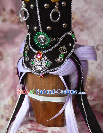 Chinese Traditional Hanfu Purple Wigs Sheath Cosplay Swordsman Hairpieces and Hat Ancient Knight King Hair Accessories