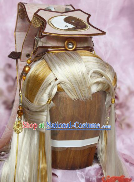 Chinese Ancient Swordsman Hair Accessories Traditional Hanfu Golden Wigs Sheath Cosplay Taoist Priest Hairpieces and Hair Crown